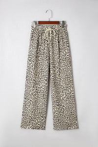 Leopard Drawstring Elastic Waist Pants: Brown