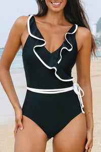 Black and White Ruffle Wrap Swimsuit