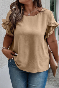 Ruffled Short Sleeve Plus Size Top in Beige