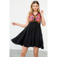 Sleeveless Dress With Floral Embroidery in Black