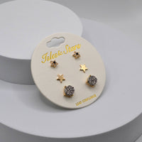 3 Pairs Small Stud Star with Stone/Metal Star/Druzy Earrings: Rose Gold