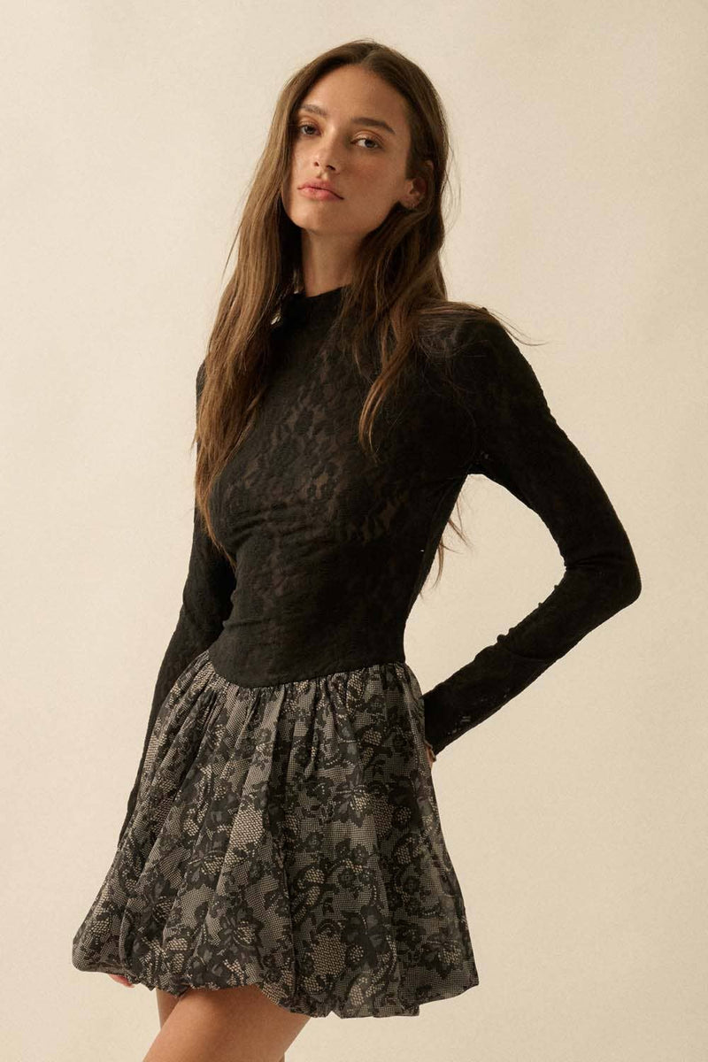 Sheer Lace Drop-Waist Bubble Mini Dress in Black