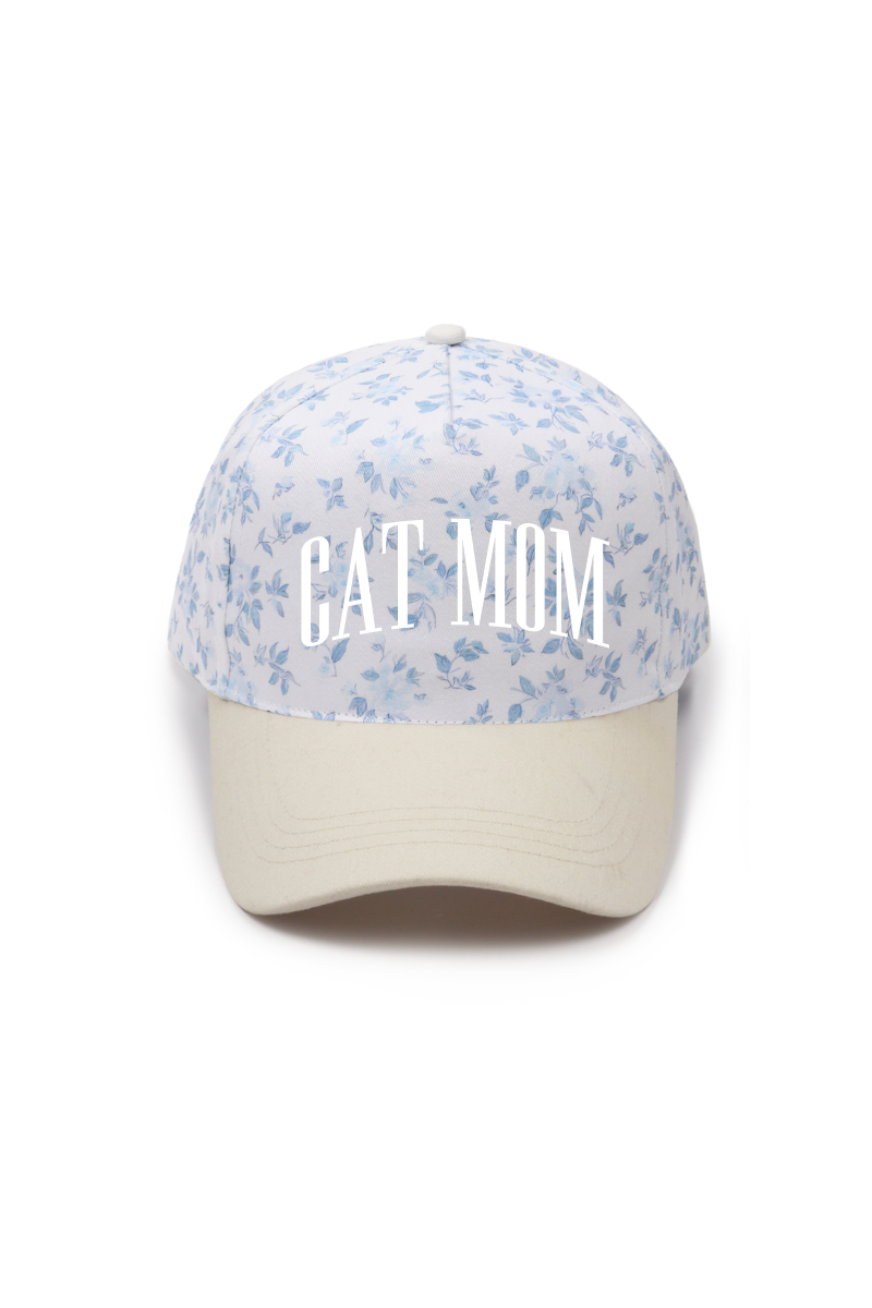 CAT MOM Embroidery Floral Print 5 Panel Trucker Hat: PinkPink