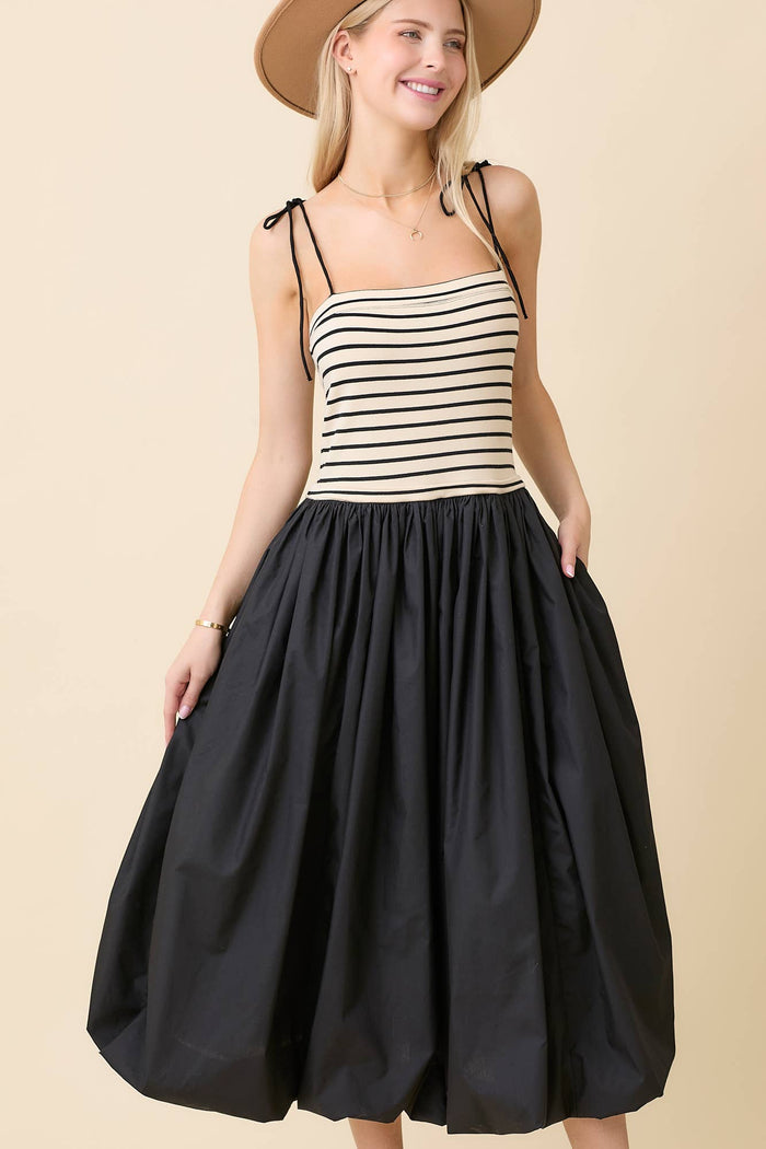 Terry Knit Top With Woven Bubble Skirt in Black