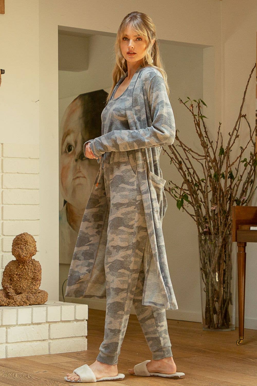 Tie-Waist Long Cardigan in Grey Camo