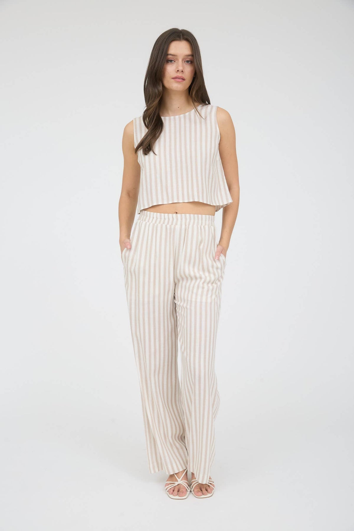 Stripe Linen Back Tie Detail Sleeveless Top in Khaki