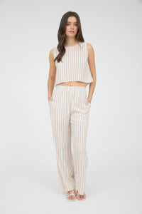 Stripe Linen Back Tie Detail Sleeveless Top in Khaki