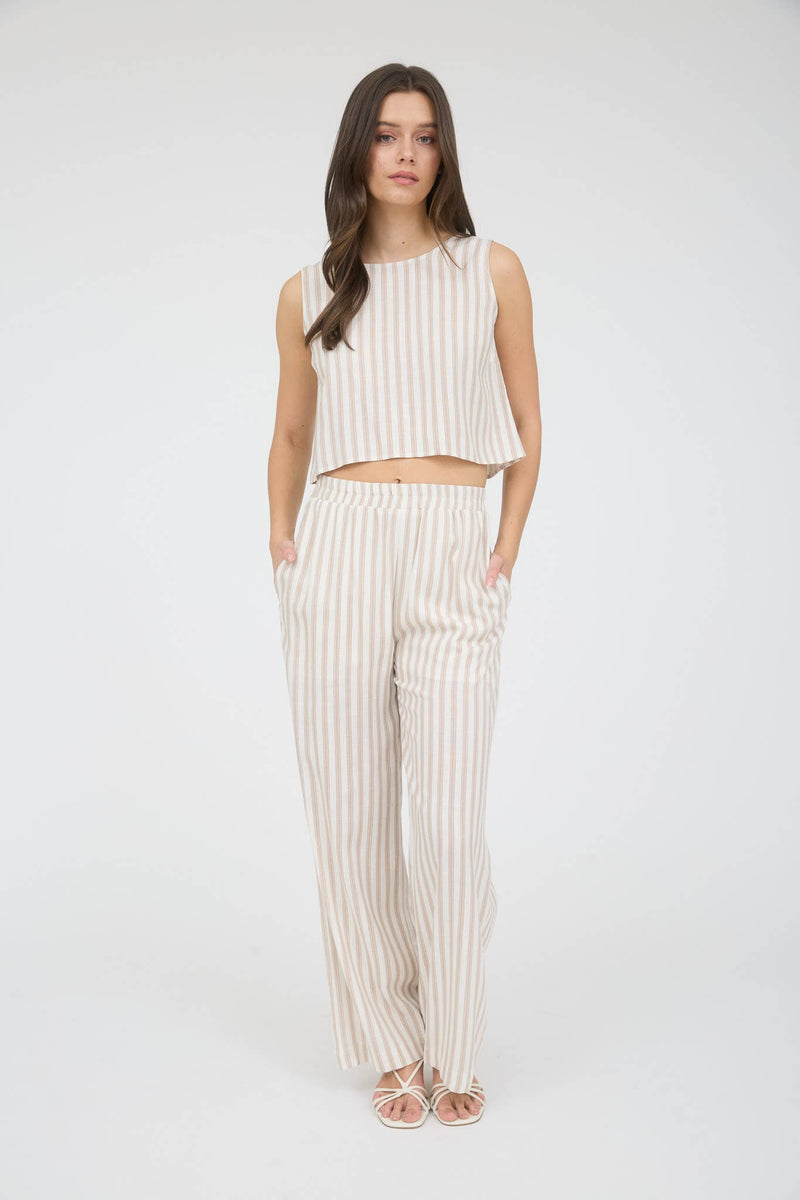 Stripe Linen Back Tie Detail Sleeveless Top in Khaki