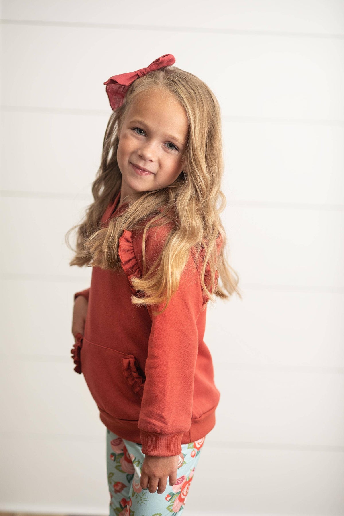 Girl’s Ruffled Hoodie & Leggings Set in Rust