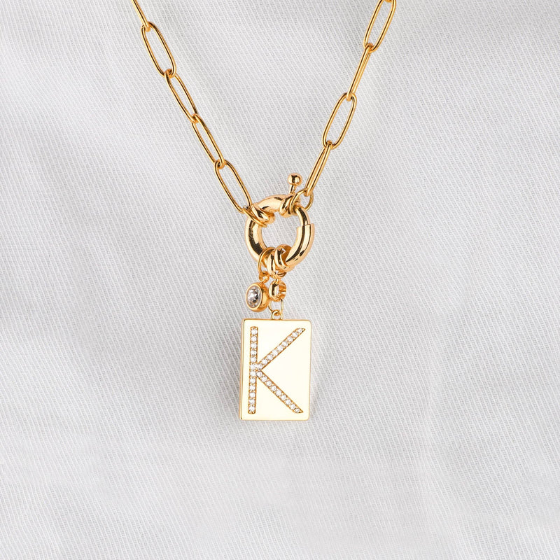 K Initial Necklace with Paperclip Chain: 18k Gold Plated