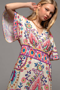 Paisley Flutter Sleeve Smocked Dress in Ivory