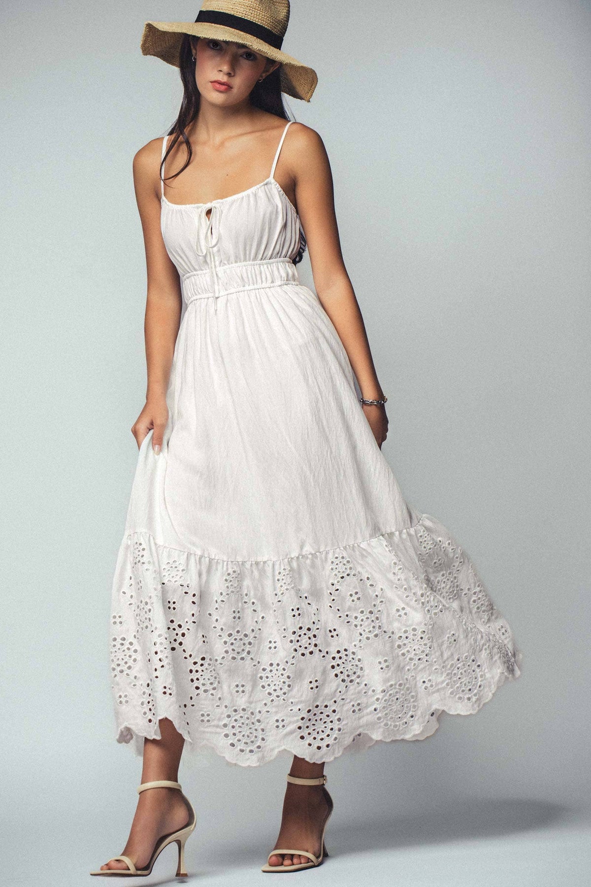 Embroidered Tie-Front Maxi Dress in White