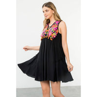 Sleeveless Dress With Floral Embroidery in Black