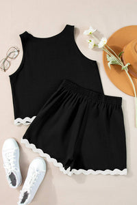 Ricrac Trim Tank Top Elastic Waist Shorts Set in White