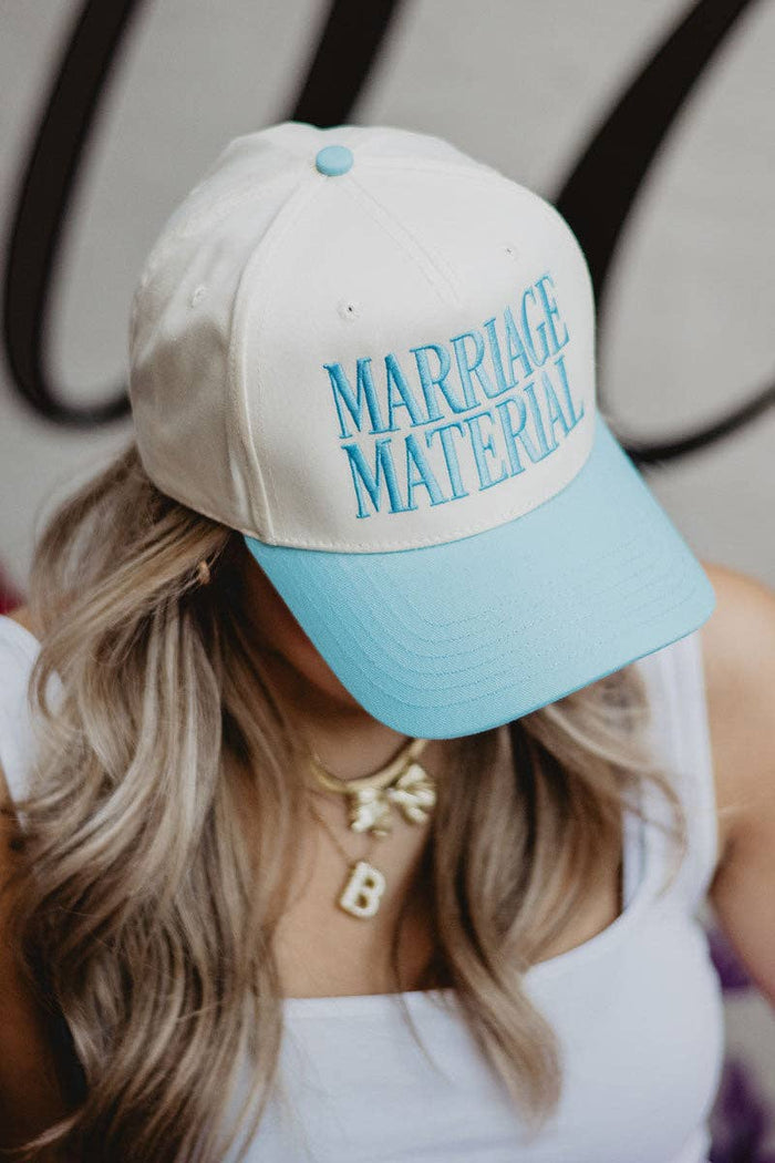 Marriage Material Trucker Hat in Aqua and Tan