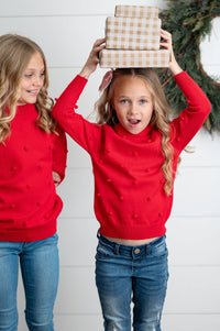Kids Red Pom Pom Crewneck Sweater