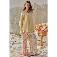 FLOWER PRINTED TWILL SIDE TRIM ELASTIC WAIST PANTS