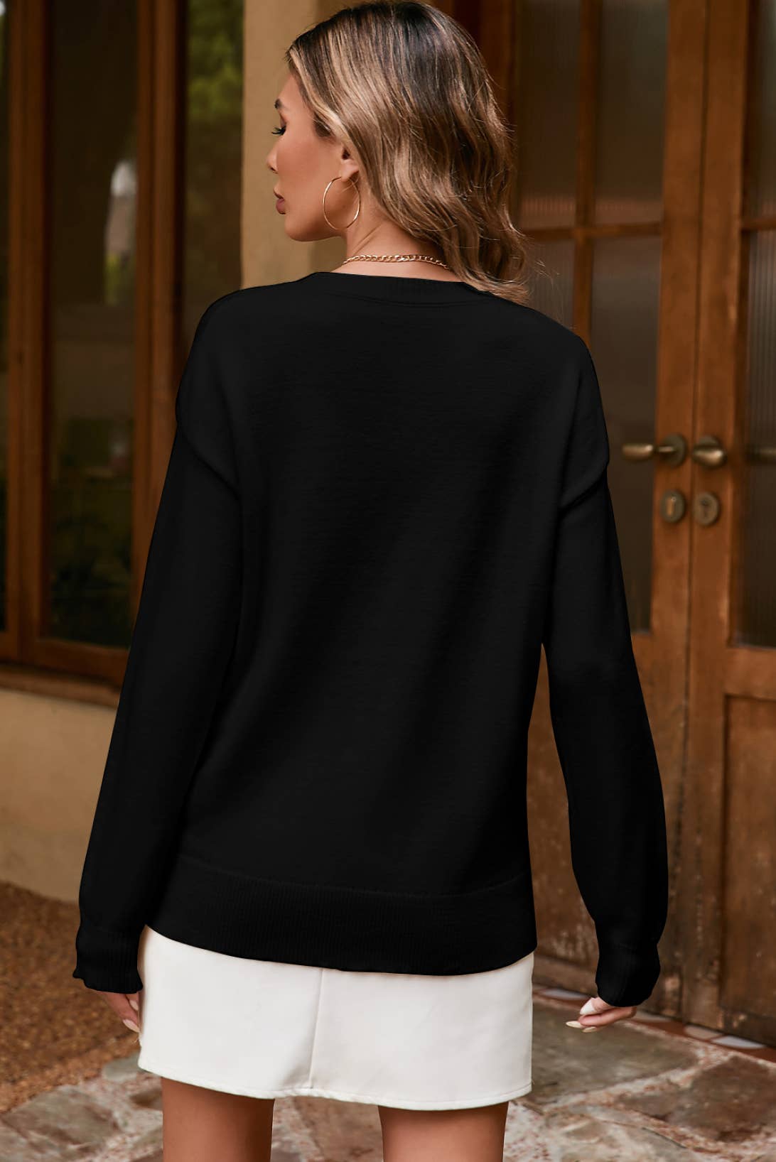 Boo Knitted Pattern Ribbed Edge Drop Shoulder Sweater: Apricot / L