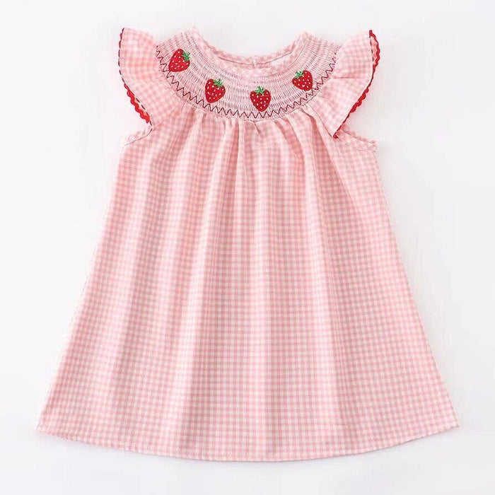 Youth Strawberry Embroidered Plaid Smocked Dress