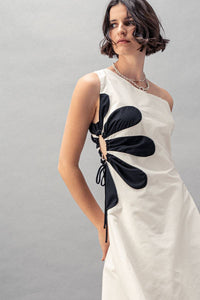 Floral Applique One Shoulder Midi Dress in White