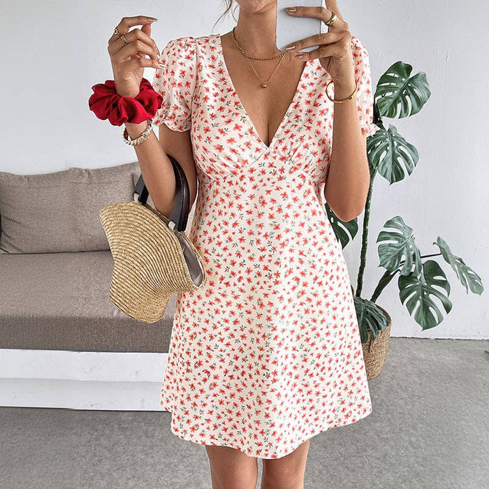 2026 Summer Floral Deep V Neck Puff Sleeve Mini Dress