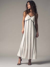 Striped White Maxi Dress with Contrast Piping in White/Black