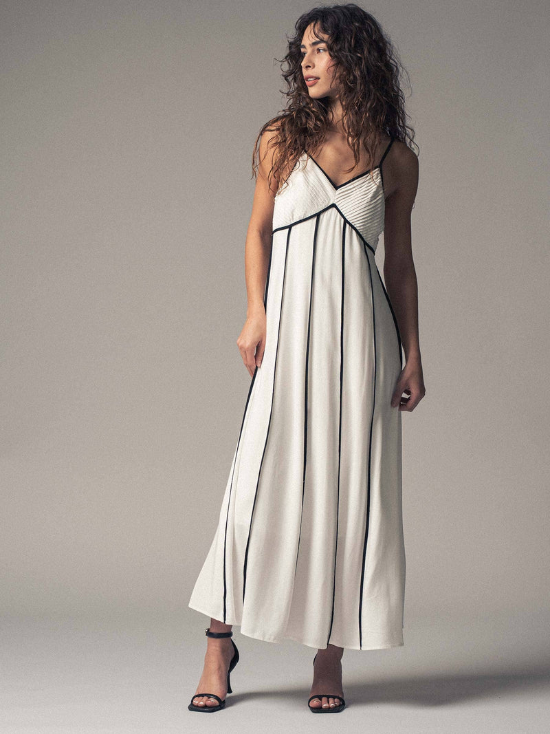 Striped White Maxi Dress with Contrast Piping in White/Black