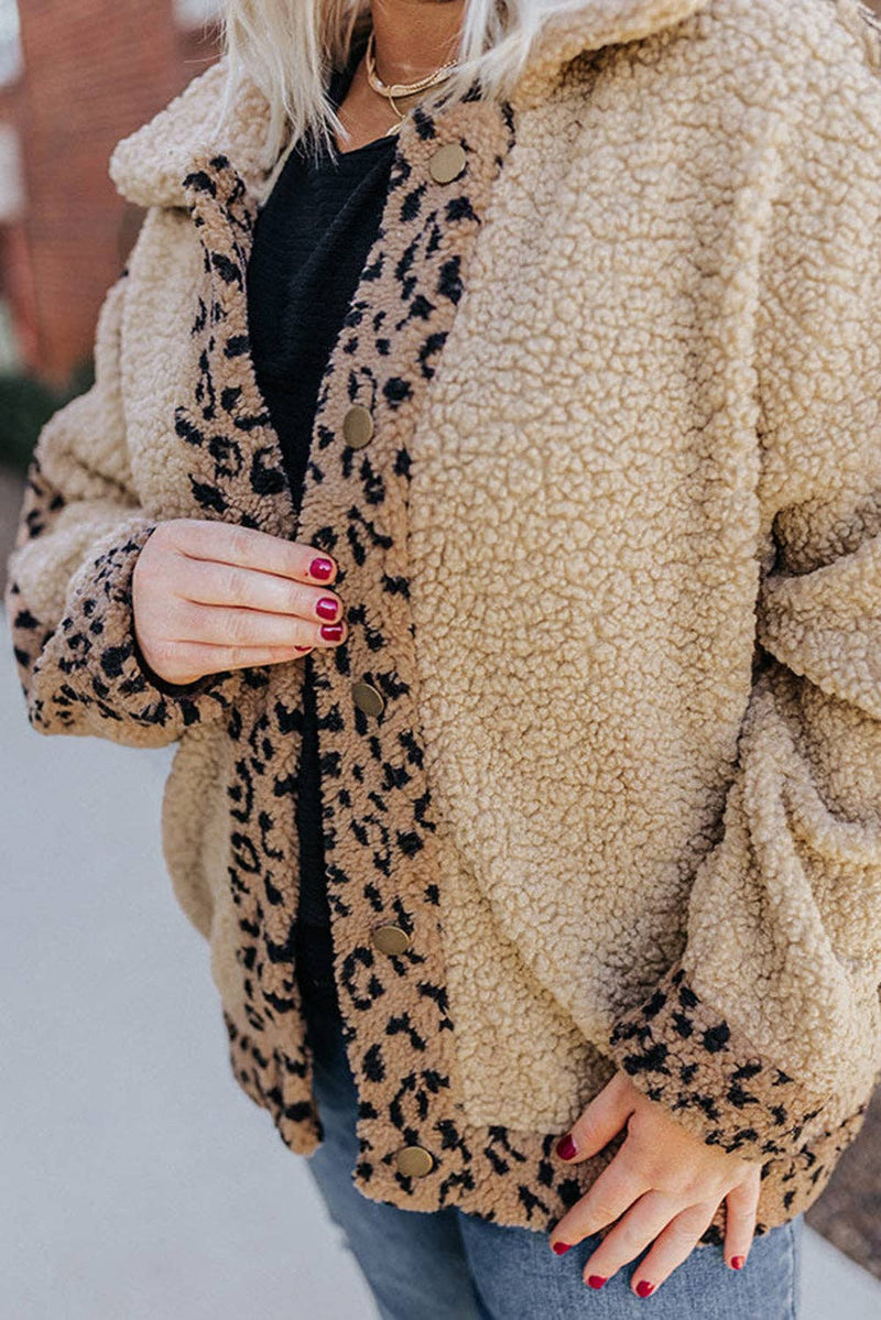 Leopard Trim Button Up Sherpa Jacket