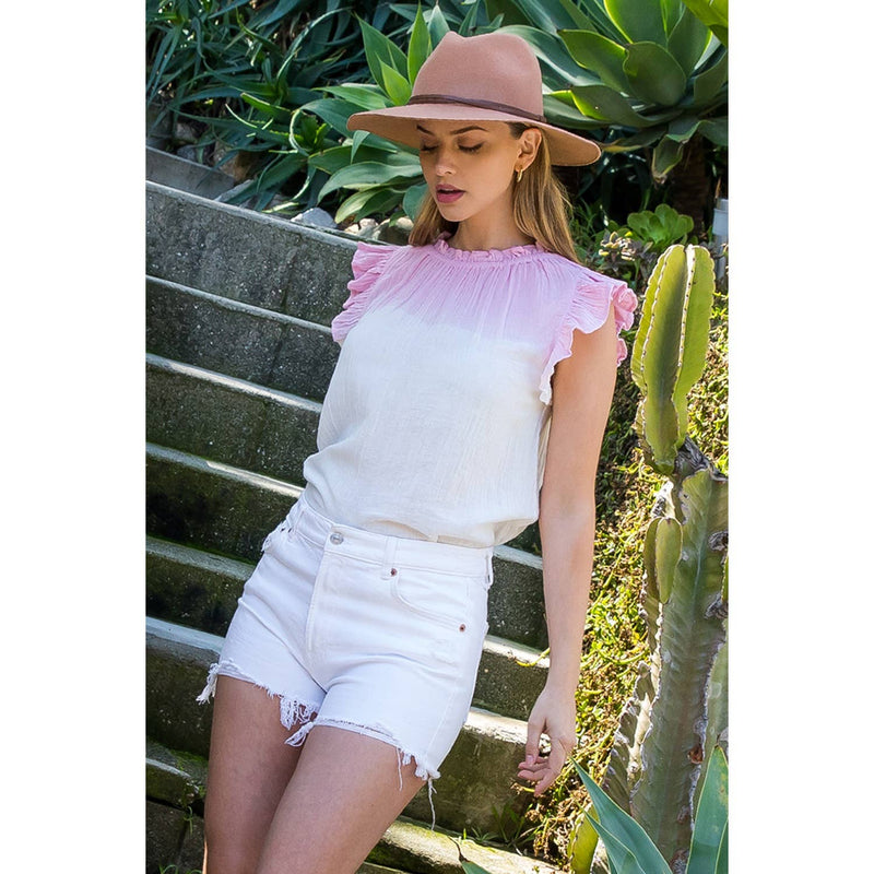 Sleeveless Top With Frill Neck/Arm Detail in Pink
