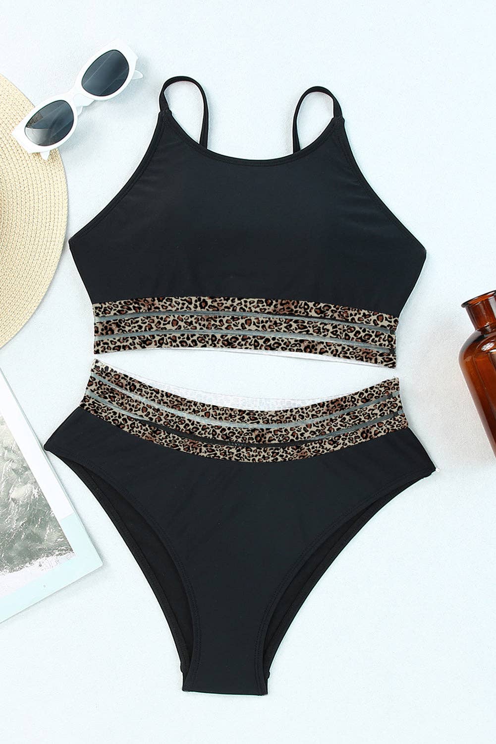 Leopard Mesh Trim Swimsuit in Black