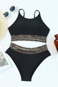 Leopard Mesh Trim Swimsuit in Black