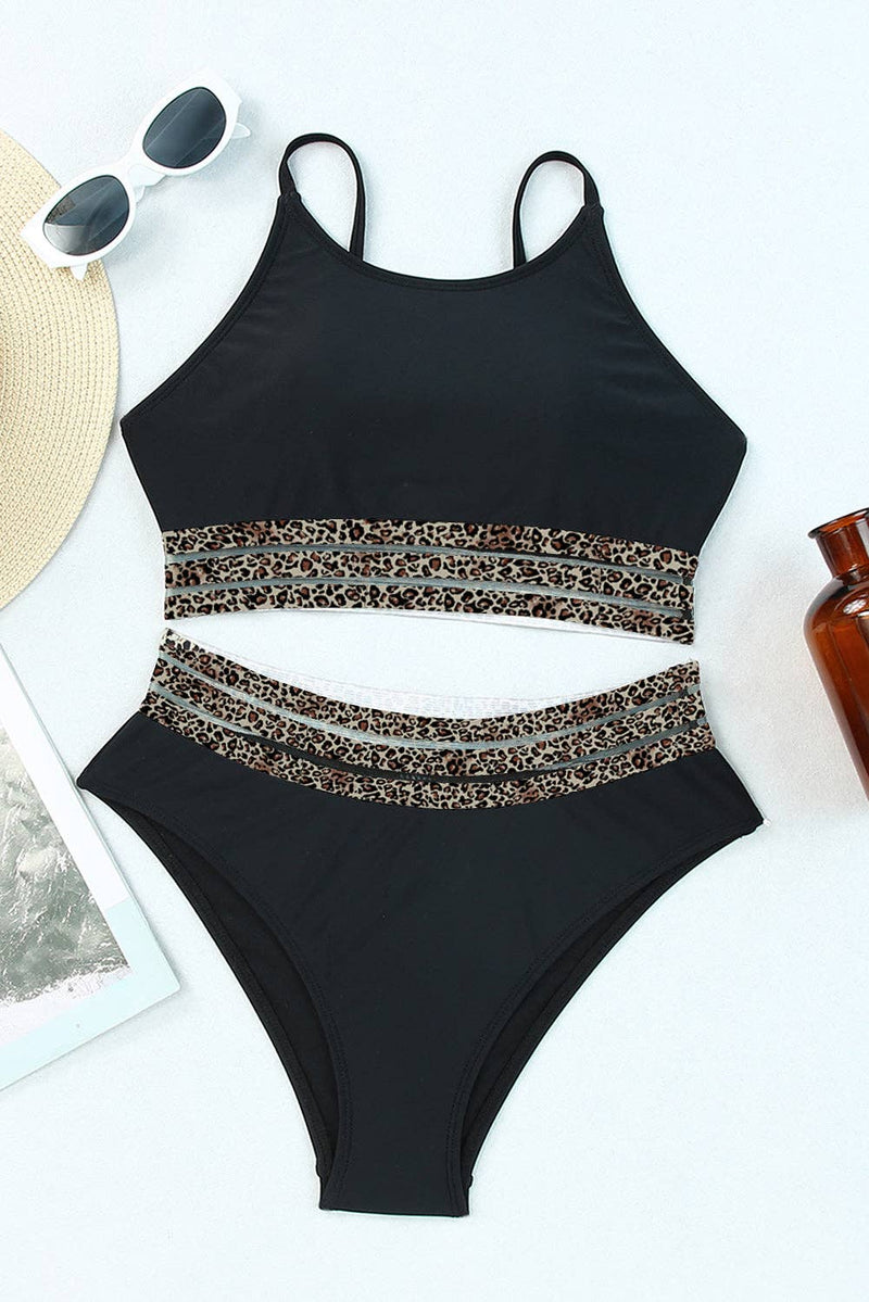 Leopard Mesh Trim Swimsuit in Black