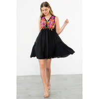 Sleeveless Dress With Floral Embroidery in Black