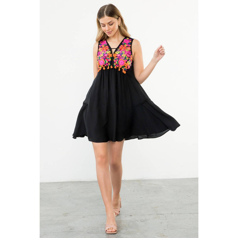 Sleeveless Dress With Floral Embroidery in Black