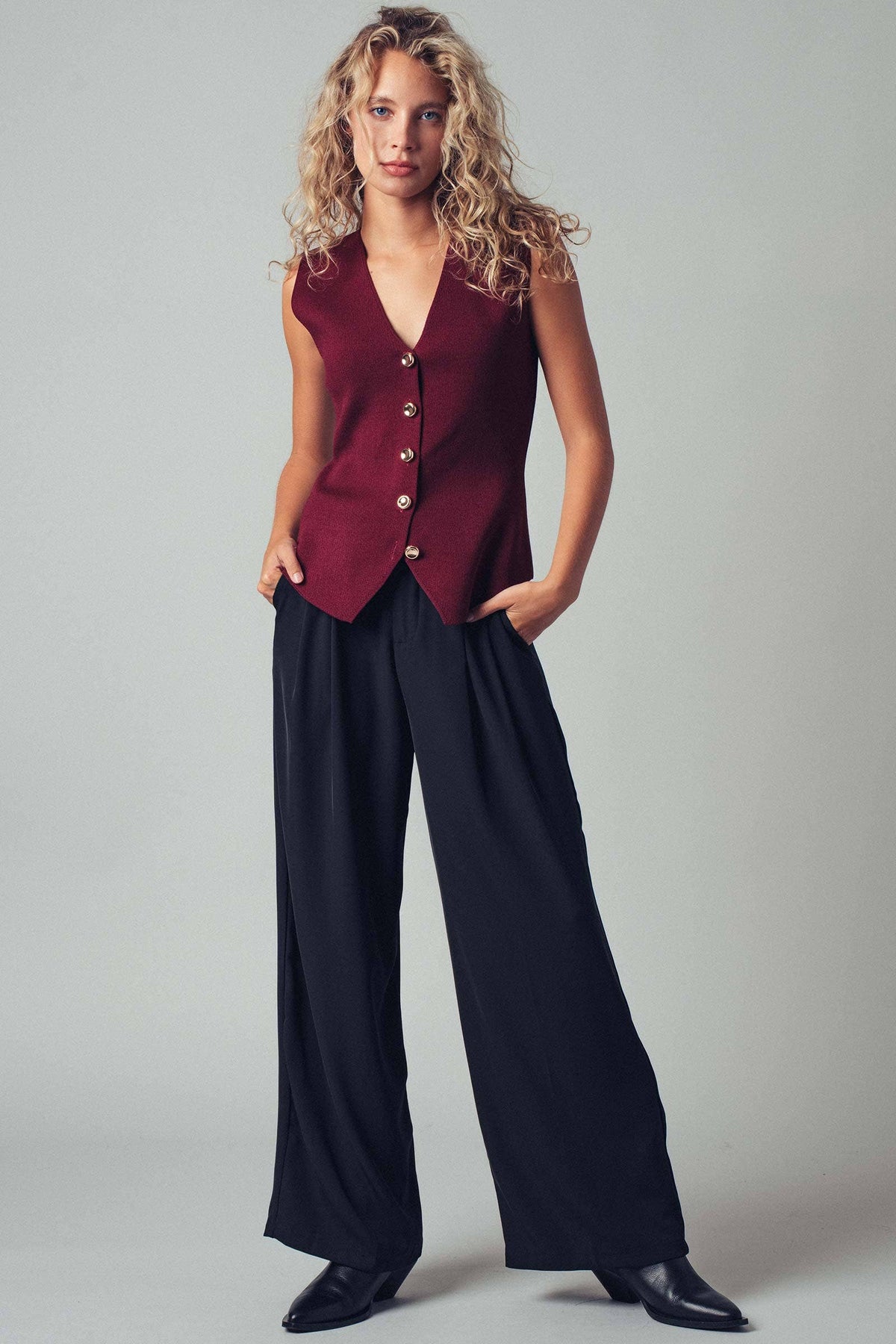 Sculpted Button Vest in Burgundy