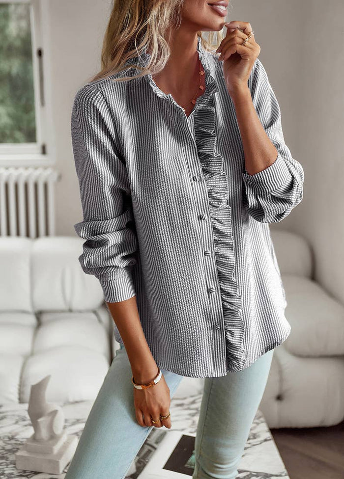 Pinstripe Ruffle Button Down in Black/White