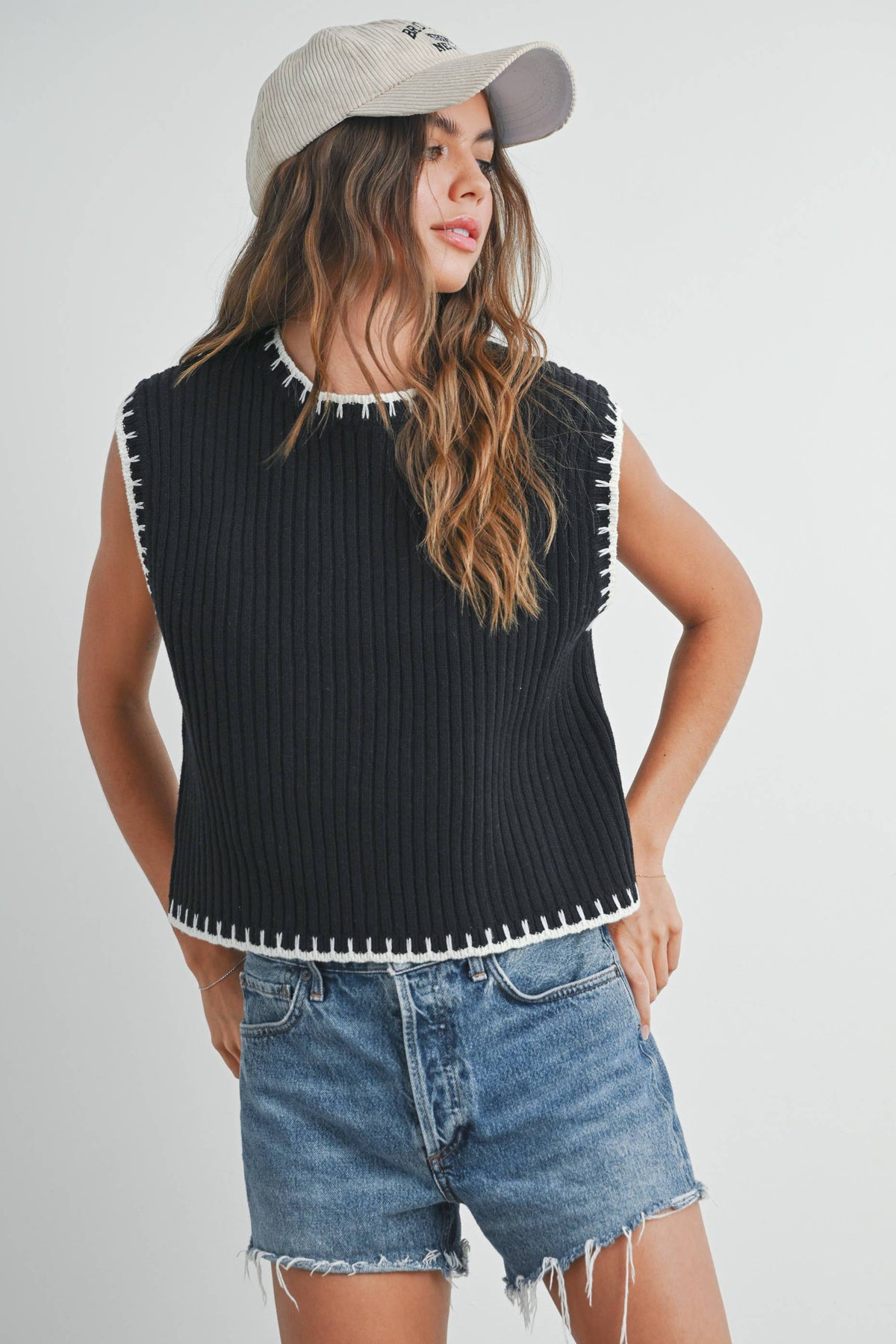 Solid Cap Sleeve Sweater Vest in Ivory and Black