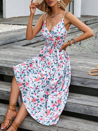 Printed Strap V-neck Dress in White