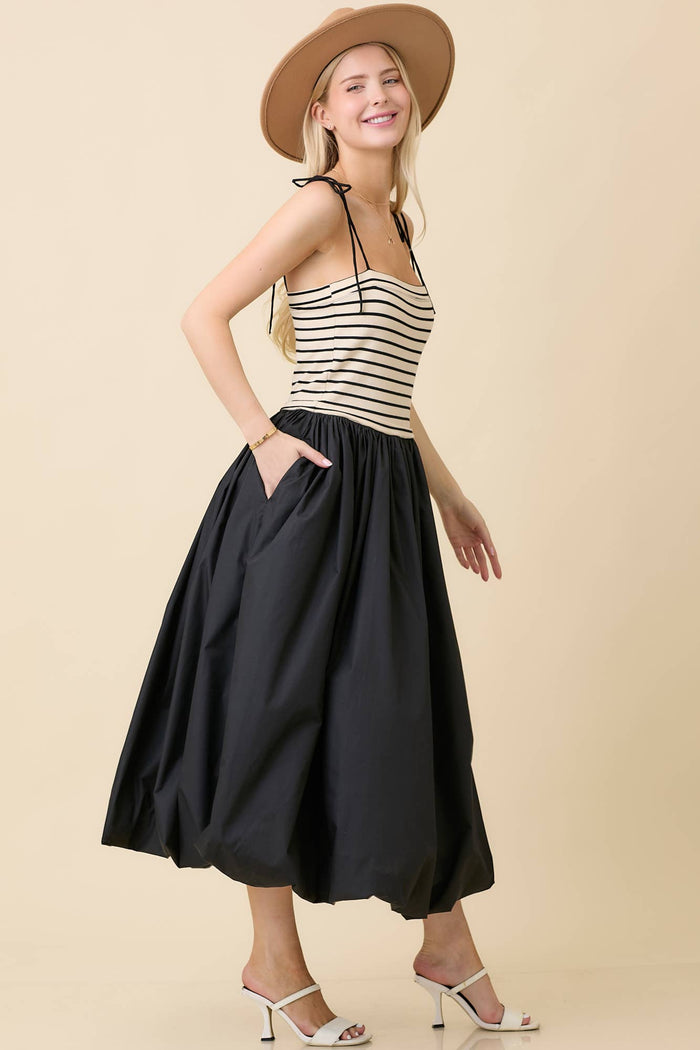 Terry Knit Top With Woven Bubble Skirt in Black