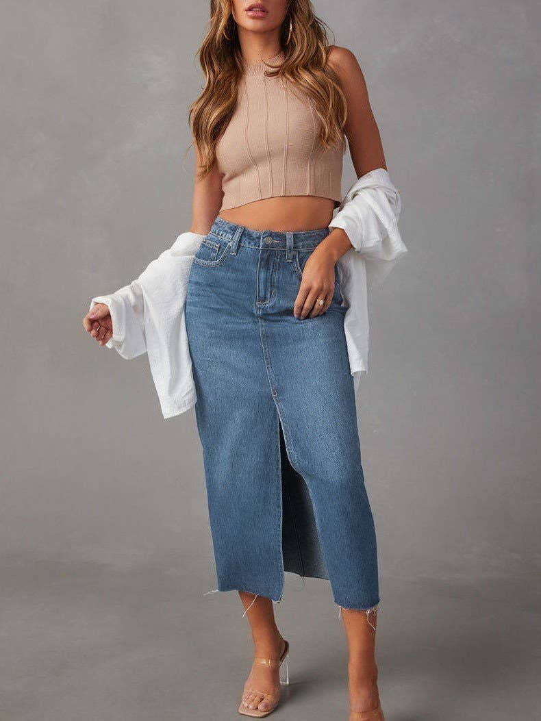 Slit Denim Midi Skirt in Light Blue