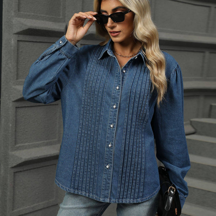 Loose Wash Denim Button Up Top