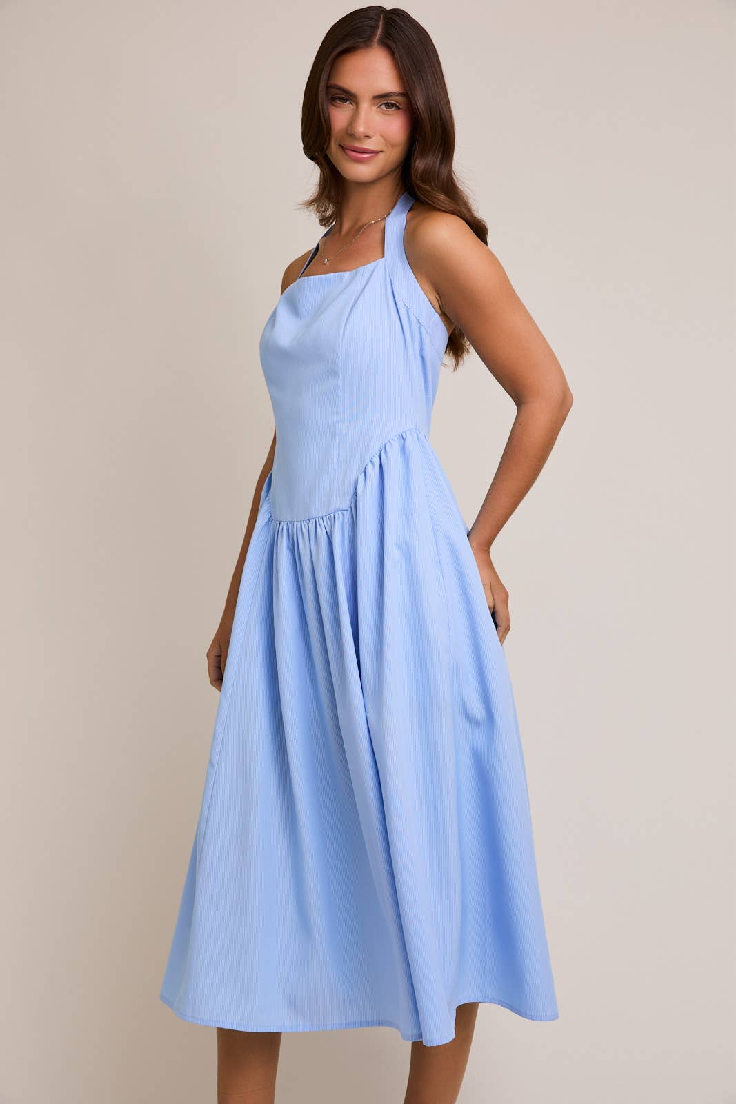 Halter Neck Midi Dress in Light Blue Stripe