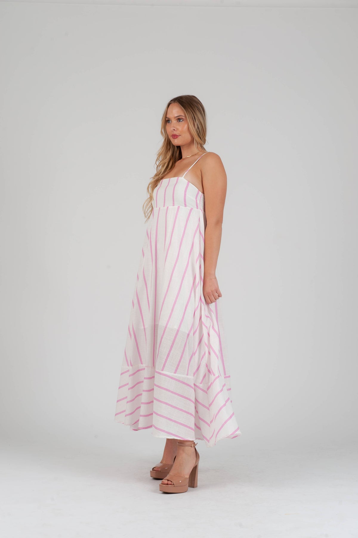 Women's Linen Pink Striped Maxi Strap Dress