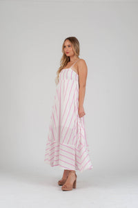 Women's Linen Pink Striped Maxi Strap Dress