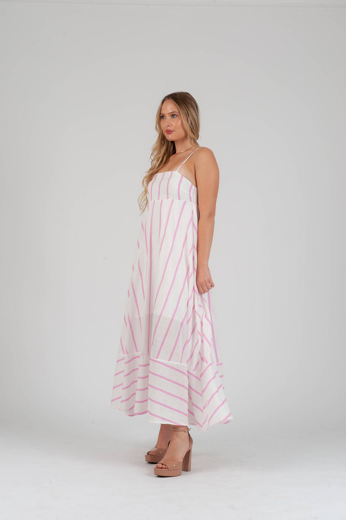 Women's Linen Pink Striped Maxi Strap Dress