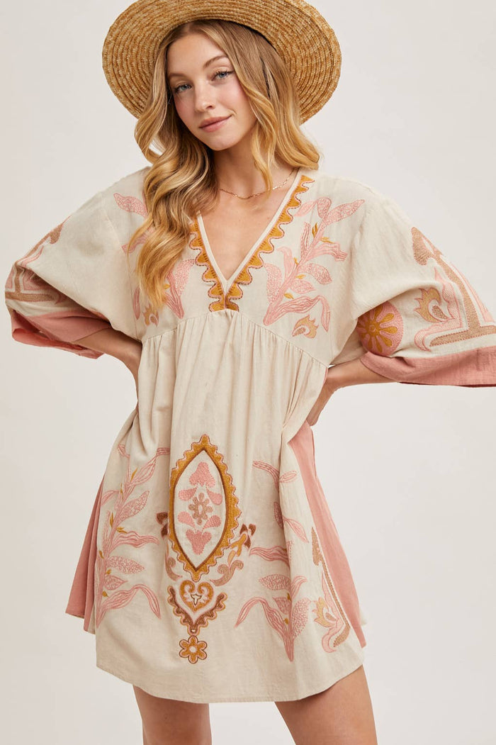 Boho Embroidered Babydoll Dress in Pink
