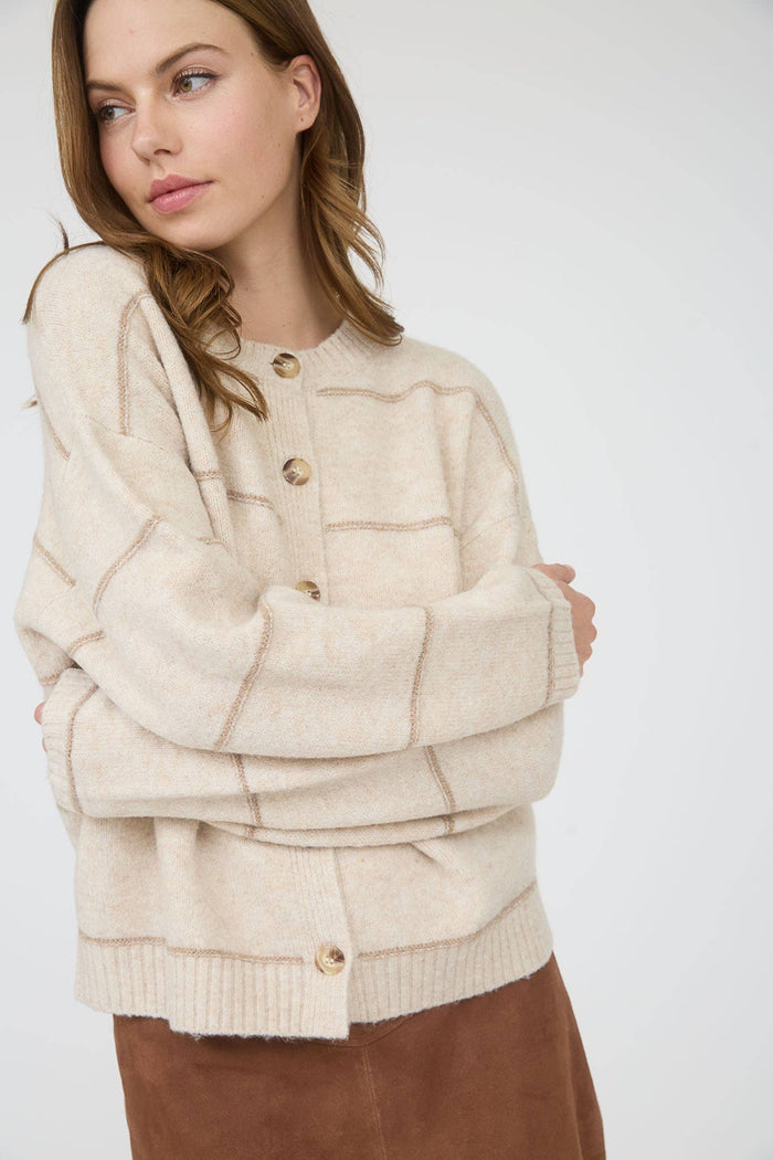 Thin Stripe Button Down Cardigan in Oatmeal