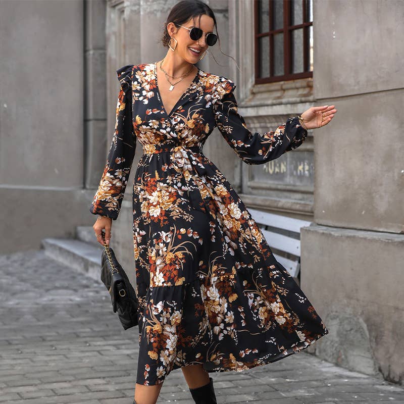 Floral Lace-Up Waist Mid-Length Dress in Black