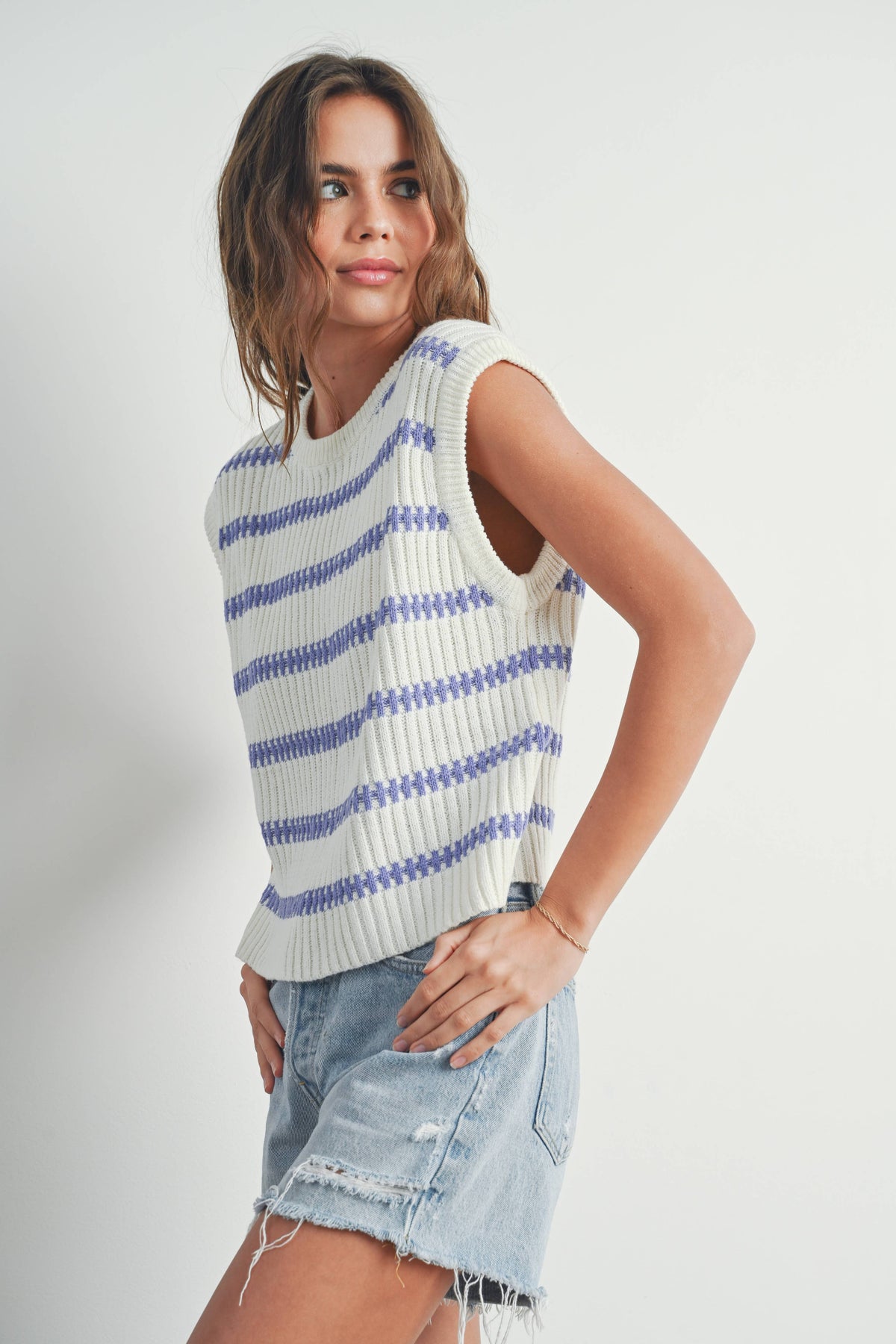 Crew Neck Striped Knit Tank Top in Ivory and Green