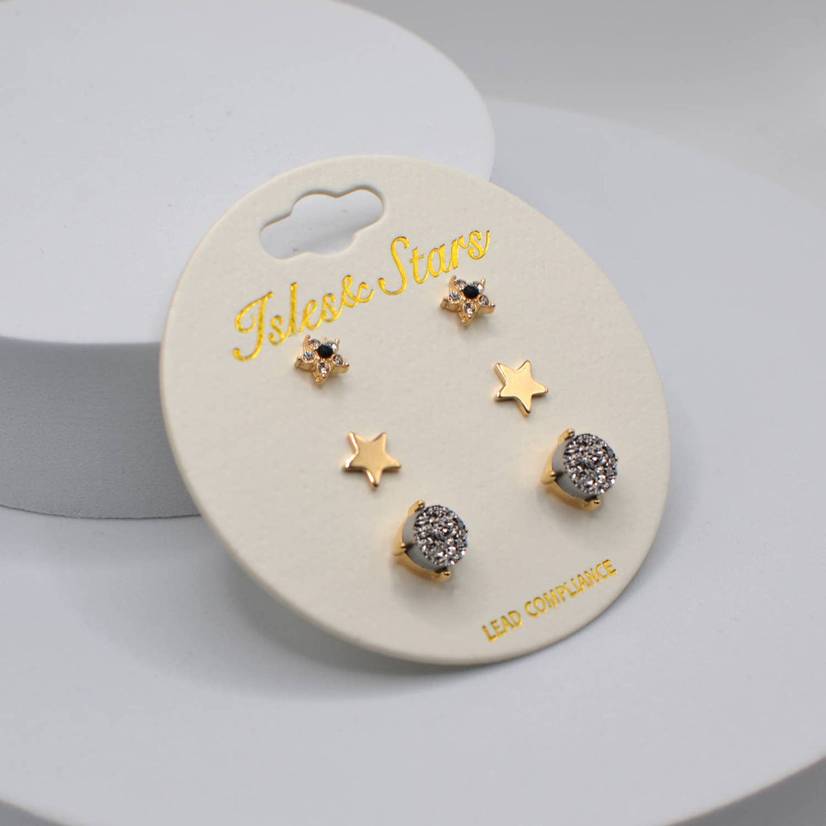 3 Pairs Small Stud Star with Stone/Metal Star/Druzy Earrings: Rose Gold